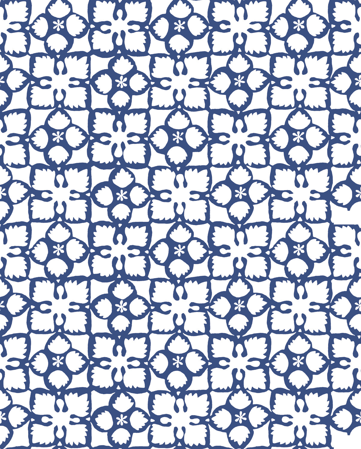 Detail of wallpaper in a botanical lattice print in navy on a white field.