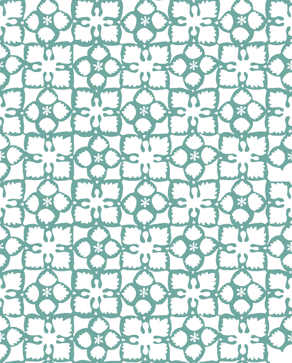 Detail of wallpaper in a botanical lattice print in teal on a white field.