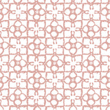 Detail of wallpaper in a botanical lattice print in light pink on a white field.