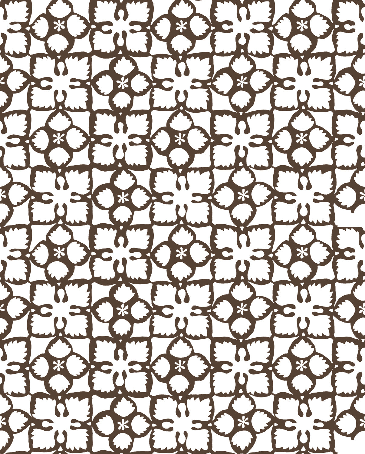 Detail of wallpaper in a botanical lattice print in brown on a white field.
