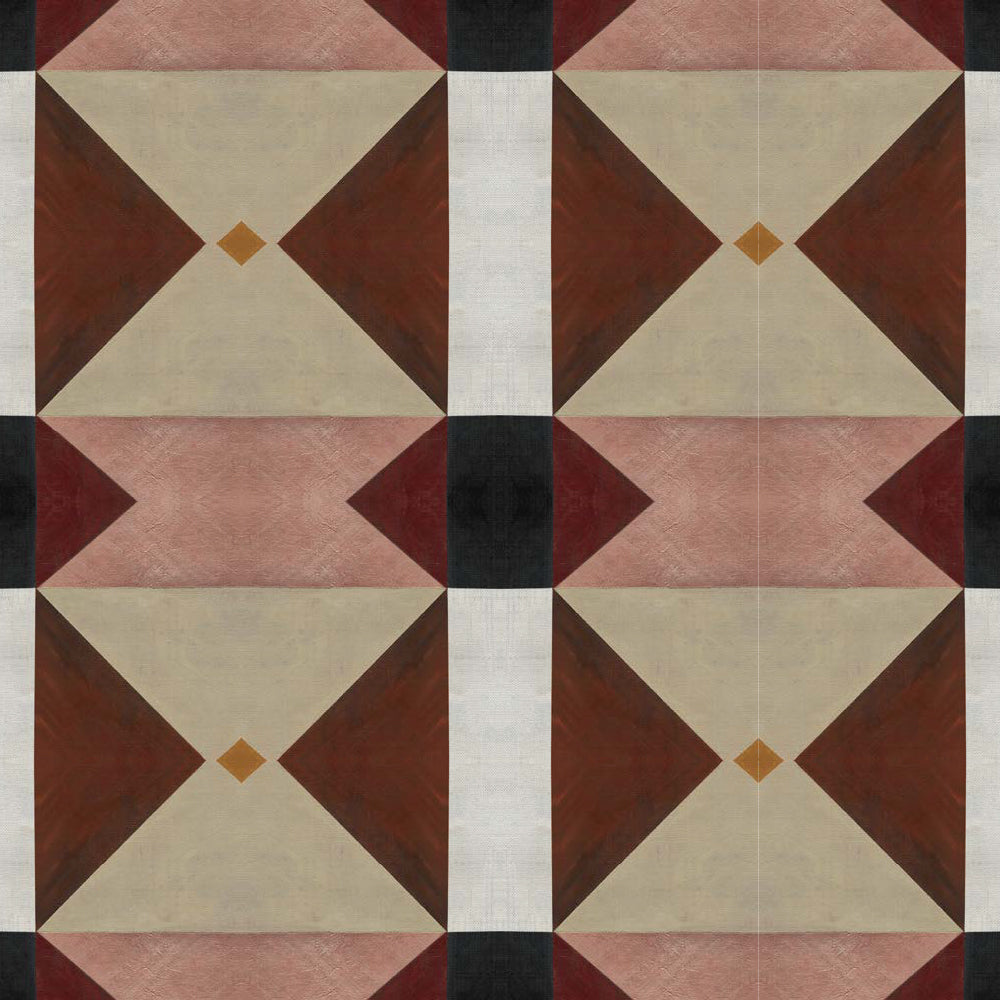 Detail of wallpaper in a geometric grid print in shades of brown, red, purple and black on a white field.