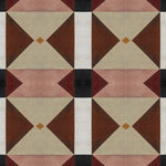 Detail of wallpaper in a geometric grid print in shades of brown, red, purple and black on a white field.