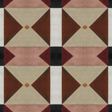 Detail of wallpaper in a geometric grid print in shades of brown, red, purple and black on a white field.