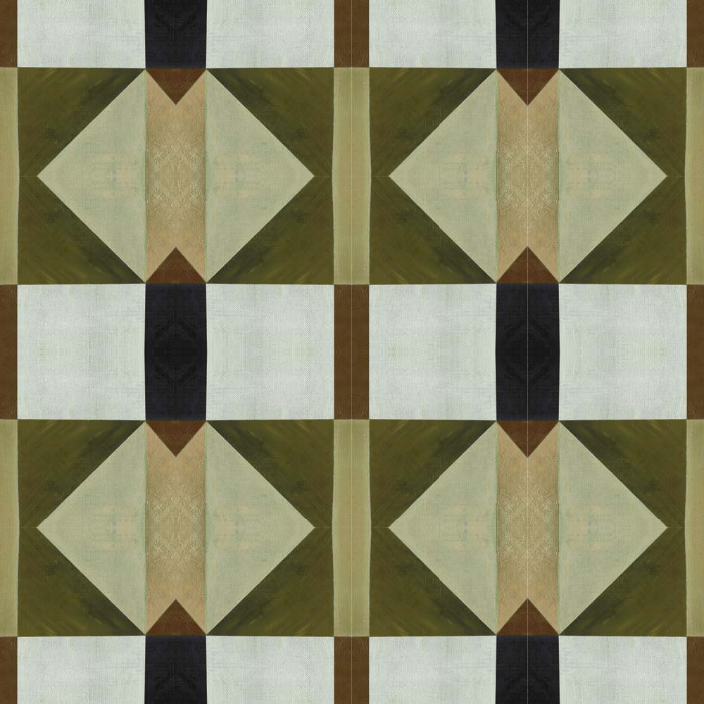 Detail of wallpaper in a geometric grid print in shades of green and brown on a cream field.