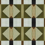 Detail of wallpaper in a geometric grid print in shades of green and brown on a cream field.