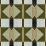Detail of wallpaper in a geometric grid print in shades of green and brown on a cream field.