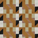Detail of wallpaper in a geometric grid print in shades of rust, yellow and gray on a cream field.