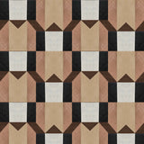 Detail of wallpaper in a geometric grid print in shades of pink, brown and gray on a white field.