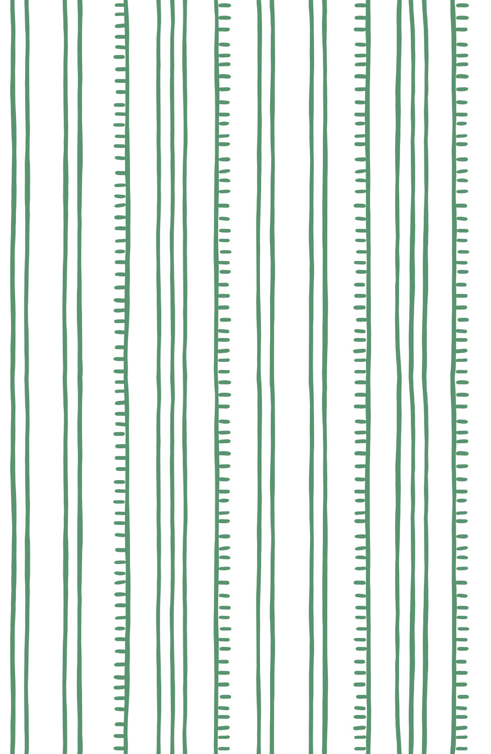 Detail of wallpaper in a playful stripe pattern in green on a white field.