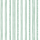 Detail of wallpaper in a playful stripe pattern in green on a white field.