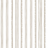 Detail of wallpaper in a playful stripe pattern in taupe on a white field.