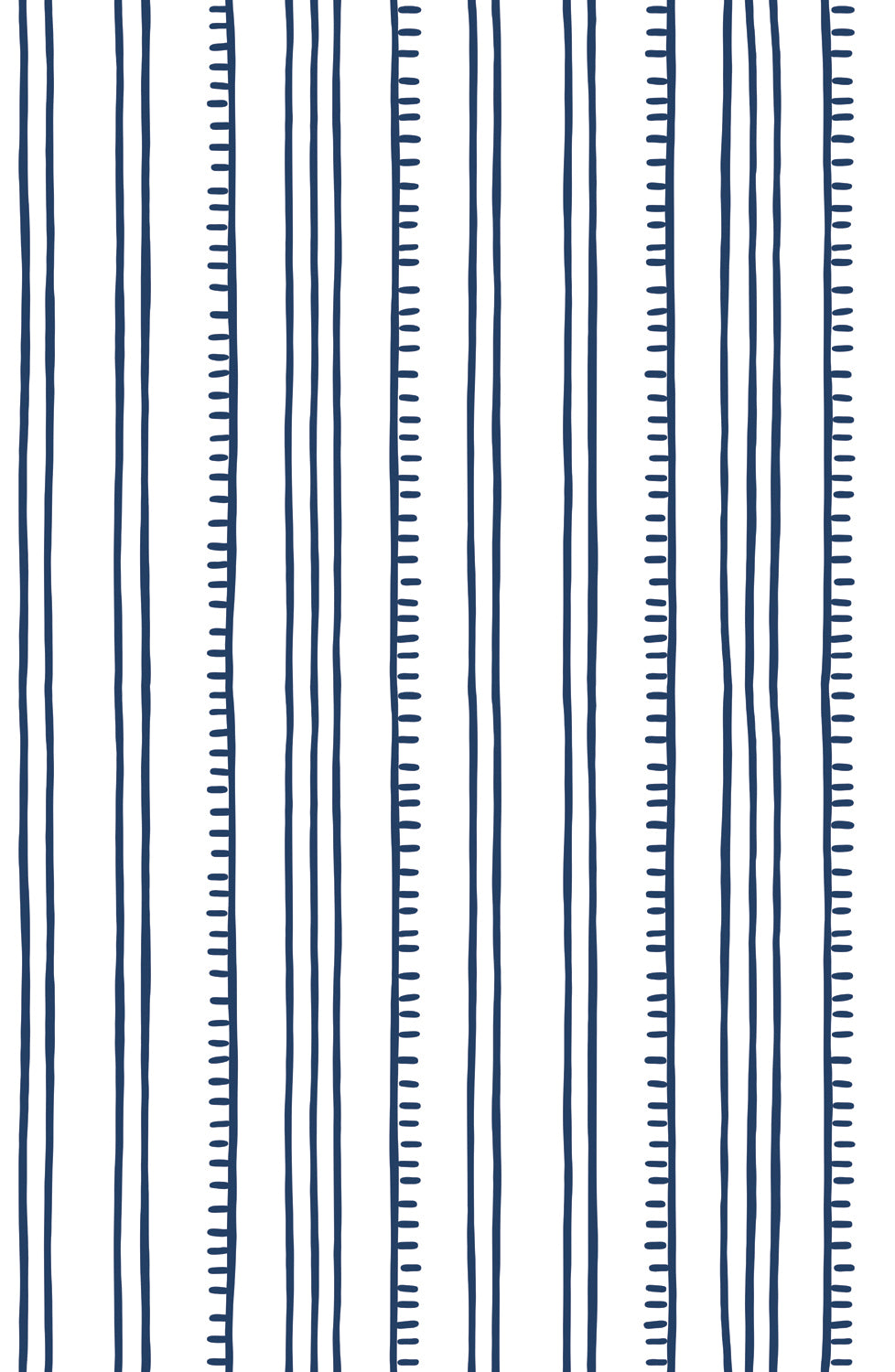 Detail of wallpaper in a playful stripe pattern in navy on a white field.
