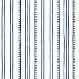Detail of wallpaper in a playful stripe pattern in navy on a white field.
