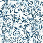 Detail of wallpaper in a painterly seashell print in navy on a white field.