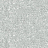 Detail of wallpaper in a textural wicker pattern in mottled blue-gray on a white field.