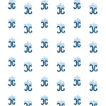 Detail of fabric in an abstract shape print in blue and navy on a white field.