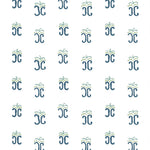 Detail of wallpaper in an abstract shape print in shades of green on a white field.