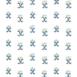 Detail of fabric in an abstract shape print in teal and navy on a white field.