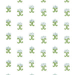 Detail of wallpaper in an abstract shape print in green, blue and navy on a white field.