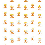 Detail of wallpaper in an abstract shape print in yellow, orange and blue on a white field.