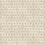Detail of wallpaper in a gridded damask print in white on a tan field.