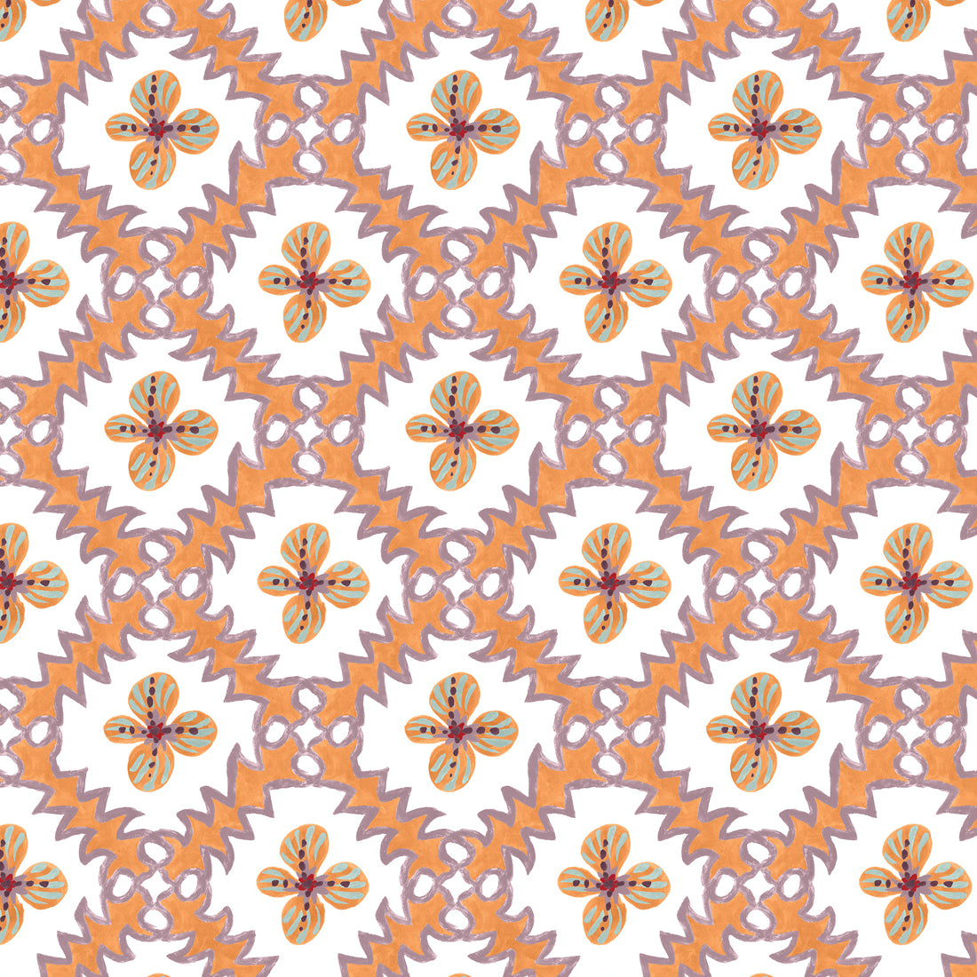 Detail of wallpaper in a playful floral grid print in orange, purple and green on a white field.