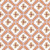 Detail of wallpaper in a playful floral grid print in orange, purple and green on a white field.