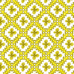 Detail of wallpaper in a playful floral grid print in yellow and brown on a white field.