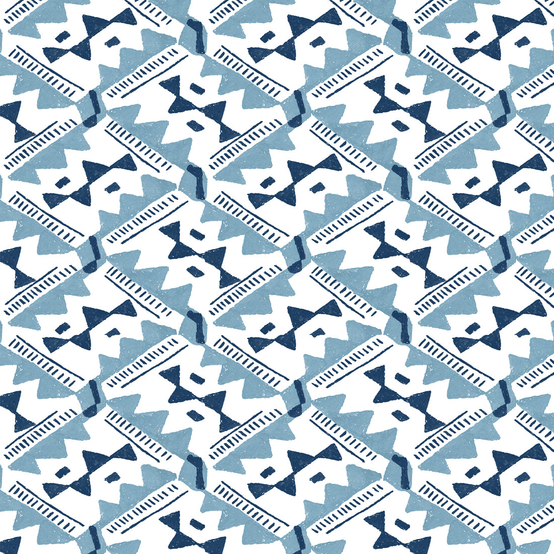 Detail of wallpaper in painterly diamond print in blue and navy on a white field.