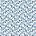 Detail of wallpaper in painterly diamond print in blue and navy on a white field.
