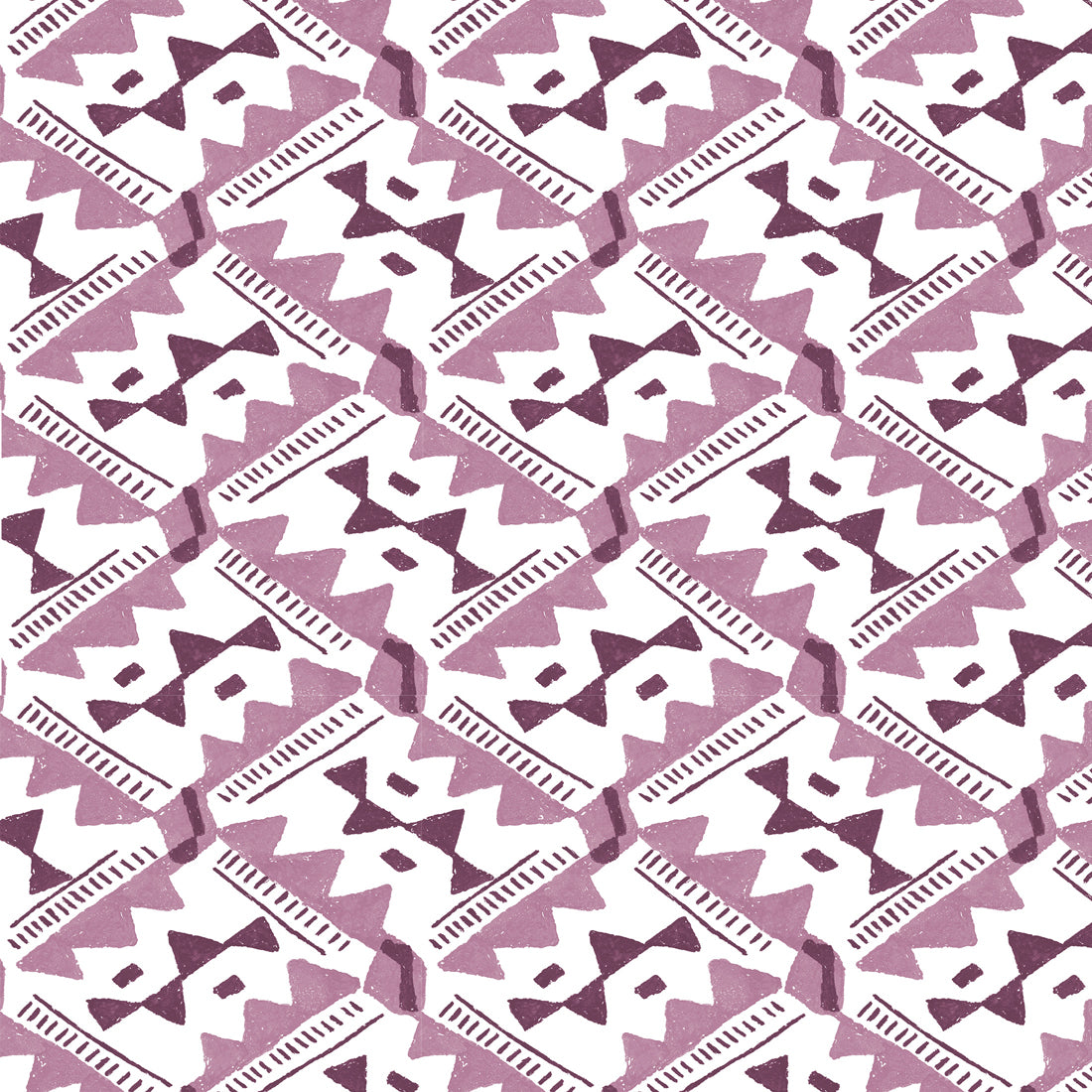 Detail of wallpaper in painterly diamond print in shades of purple on a white field.