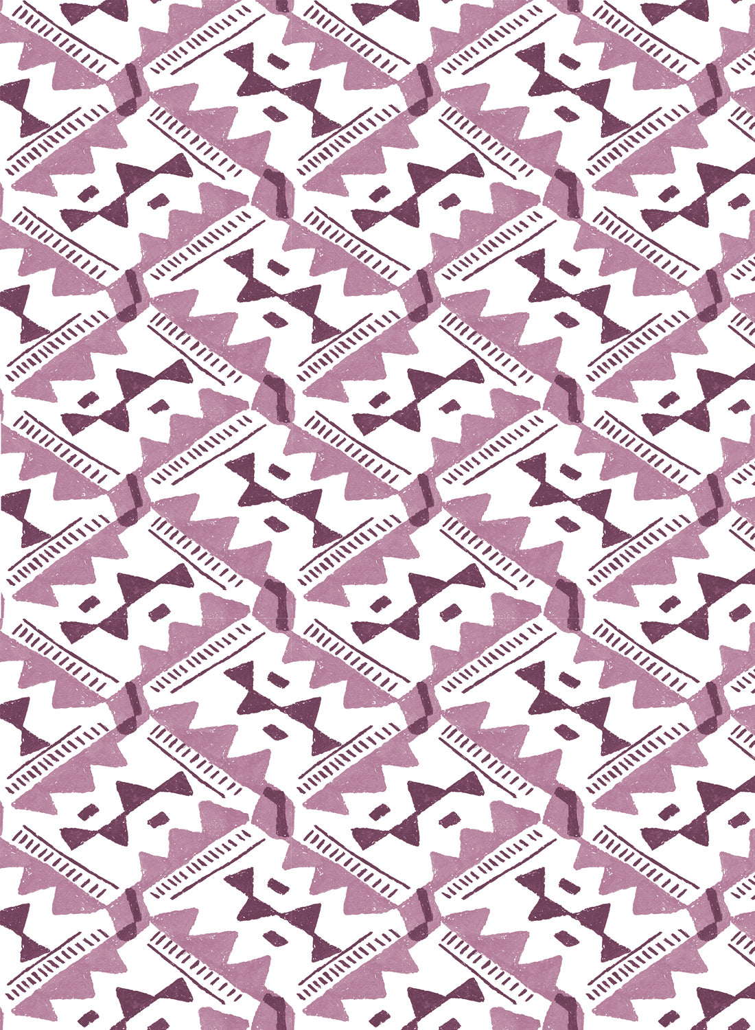 Detail of wallpaper in painterly diamond print in shades of purple on a white field.