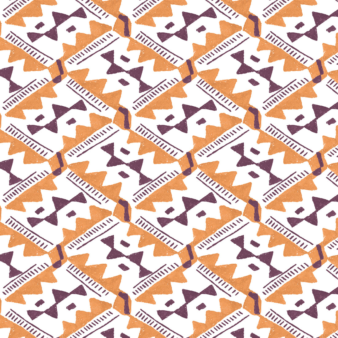 Detail of wallpaper in painterly diamond print in maroon and orange on a white field.