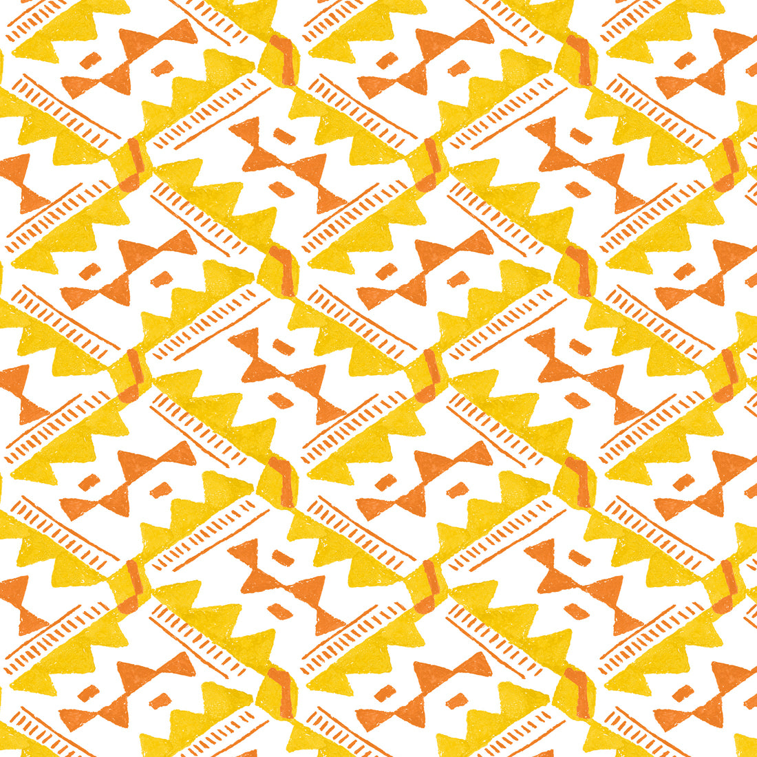 Detail of wallpaper in painterly diamond print in yellow and orange on a white field.