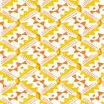 Detail of wallpaper in painterly diamond print in yellow and orange on a white field.