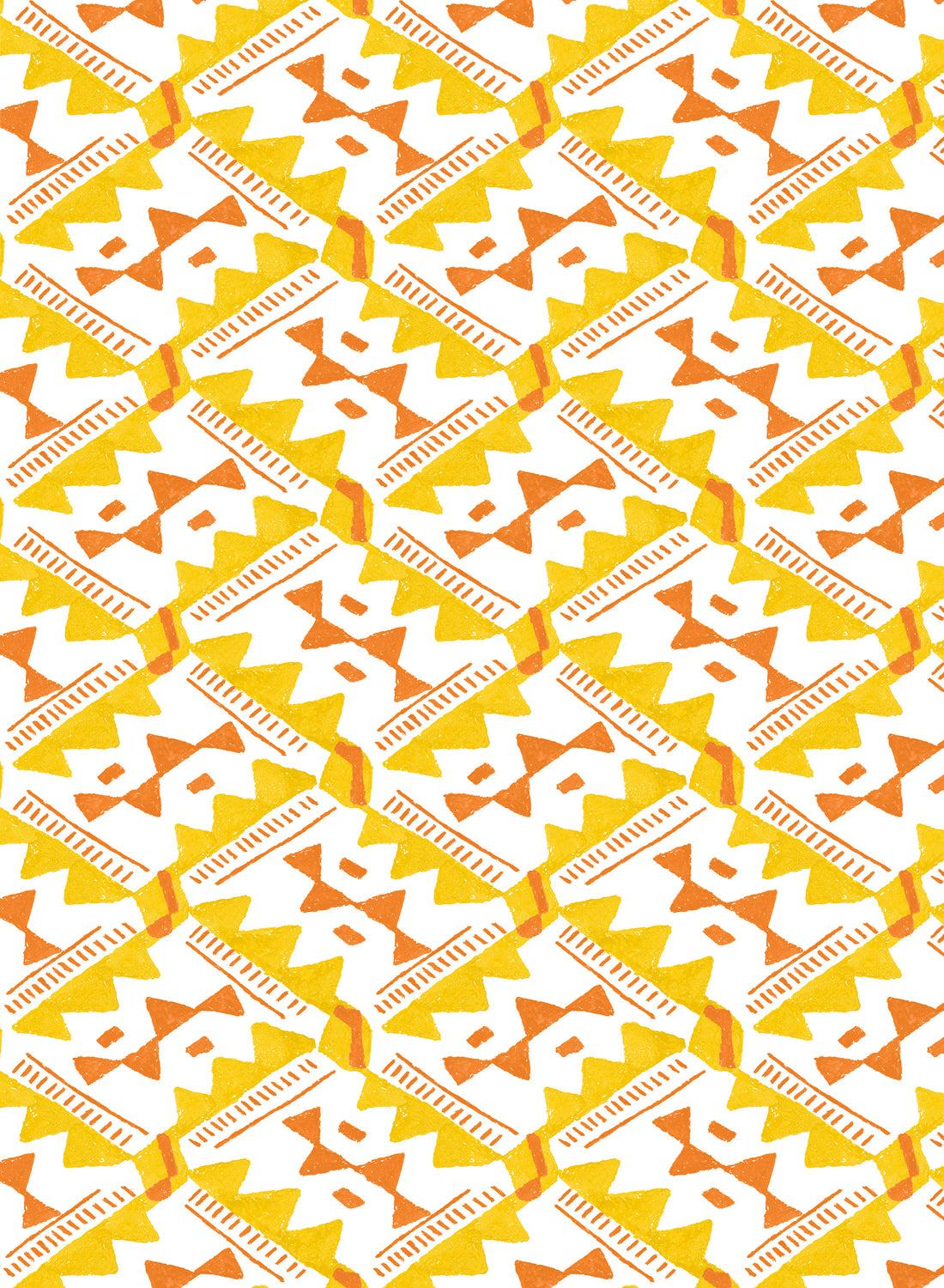 Detail of wallpaper in painterly diamond print in yellow and orange on a white field.