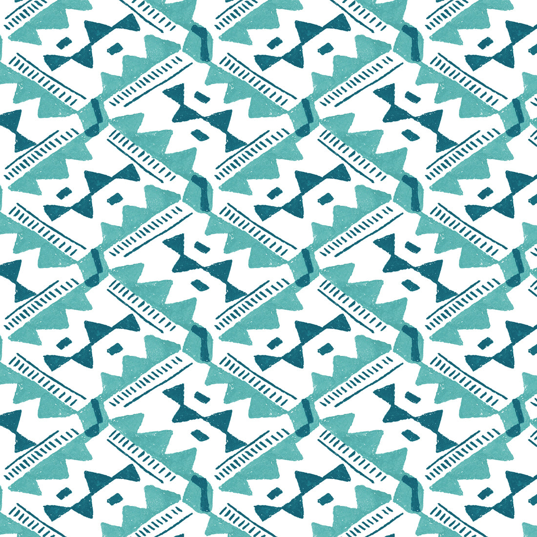 Detail of wallpaper in painterly diamond print in blue and turquoise on a white field.