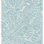 Detail of wallpaper in a painterly botanical print in white and blue on a light blue field.