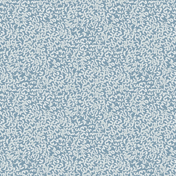 Detail of wallpaper in a painterly abstract print in white on a light blue field.