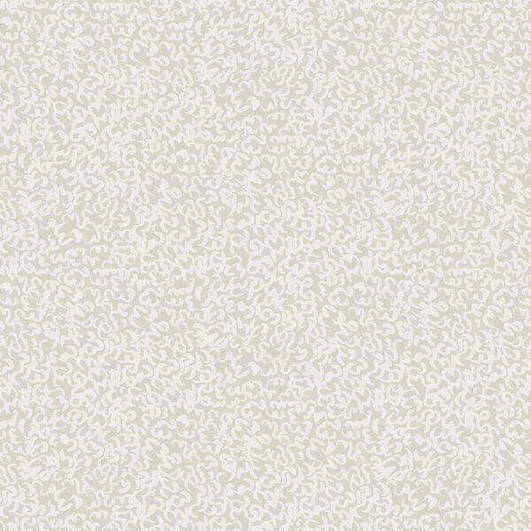 Detail of wallpaper in a painterly abstract print in white on a light gray field.