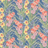 Detail of fabric in a large-scale floral pattern in a rainbow of pastels on a blue field.
