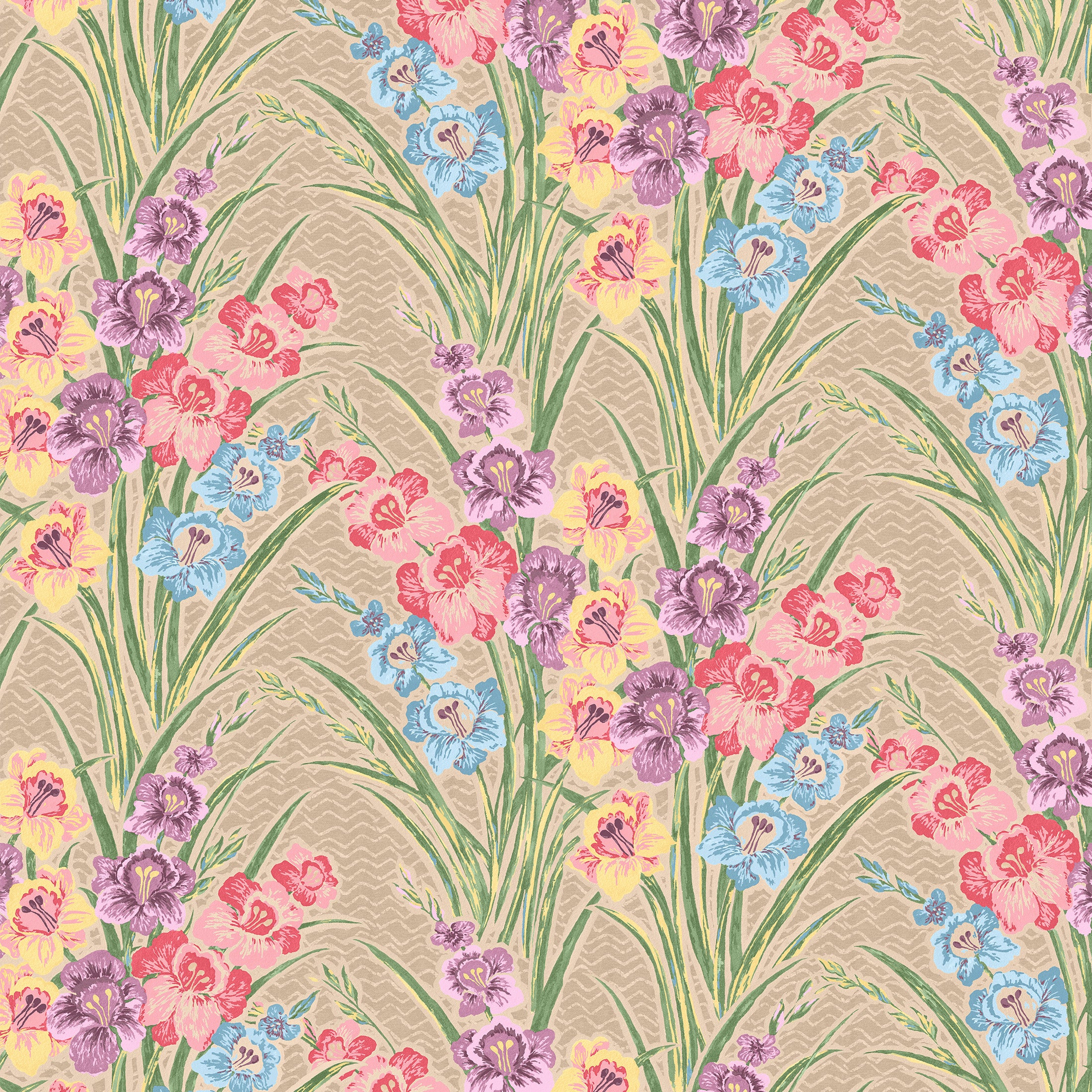 Detail of fabric in a large-scale floral pattern in a rainbow of pastels on a tan field.