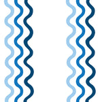 Detail of wallpaper in a wavy stripe print in blue and navy on a white field.