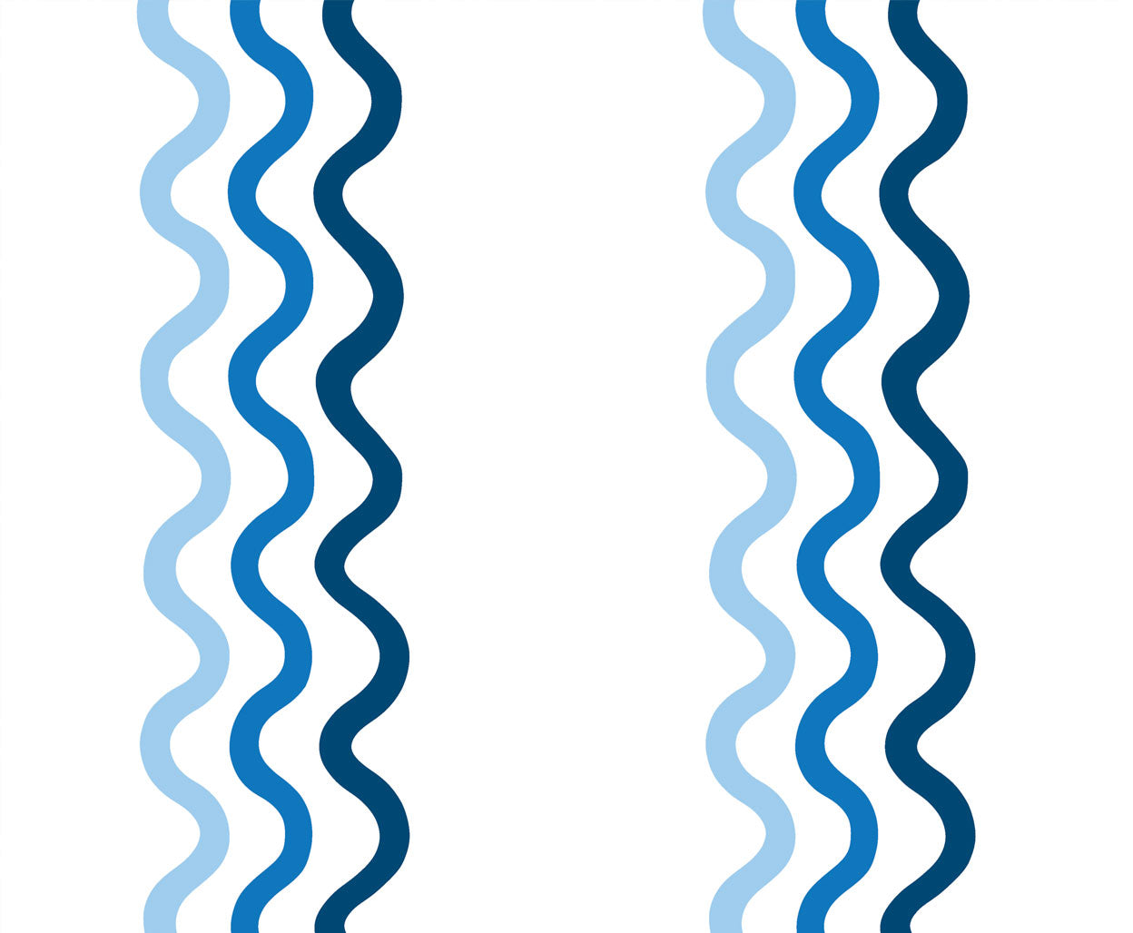 Detail of fabric in a wavy stripe print in blue and navy on a white field.