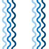 Detail of fabric in a wavy stripe print in blue and navy on a white field.