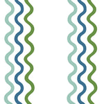 Detail of fabric in a wavy stripe print in teal and green on a white field.