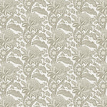Detail of wallpaper in a repeating botanical print in cream on a white field.