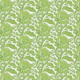 Detail of wallpaper in a repeating botanical print in green on a white field.
