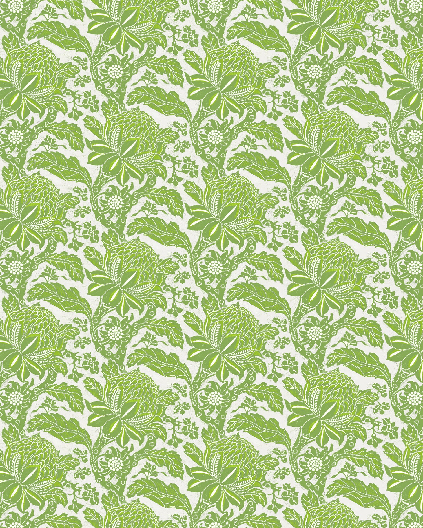Detail of wallpaper in a repeating botanical print in green on a white field.