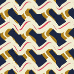 Detail of wallpaper in an abstract shape print in shades of mustard, gray, pink and cream.